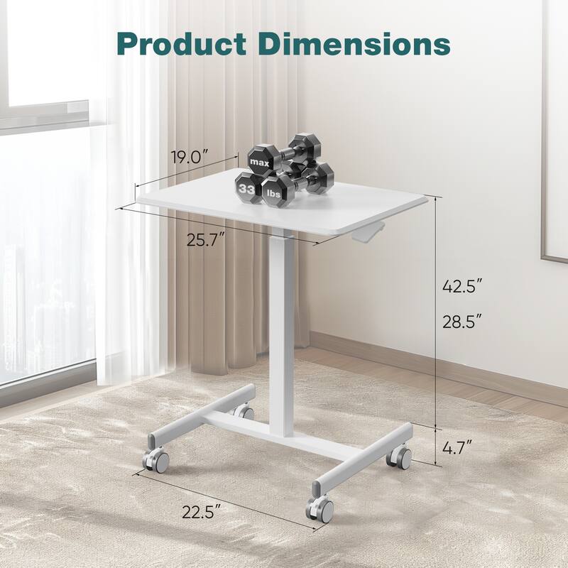 Small Mobile Laptop Desk with Wheels - Portable Adjustable Height Rolling Standing Table for Home, Office & Classroom - White