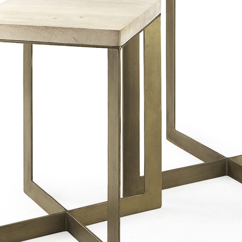 HomeRoots Set of Two Natural and Gold Solid Wood and Metal Square Cross Legs Nested Tables - 19' X '26' X '19