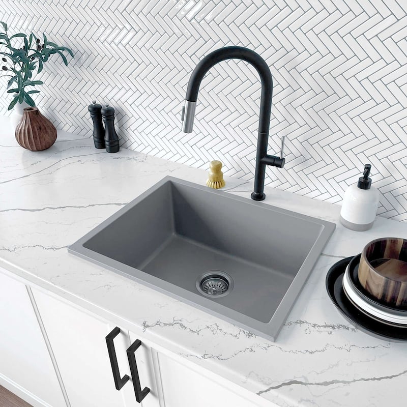 STYLISH Dual Mount 22" Single Bowl Composite Granite Kitchen Sink - 22" x 17.5" x 8.25" - Gray