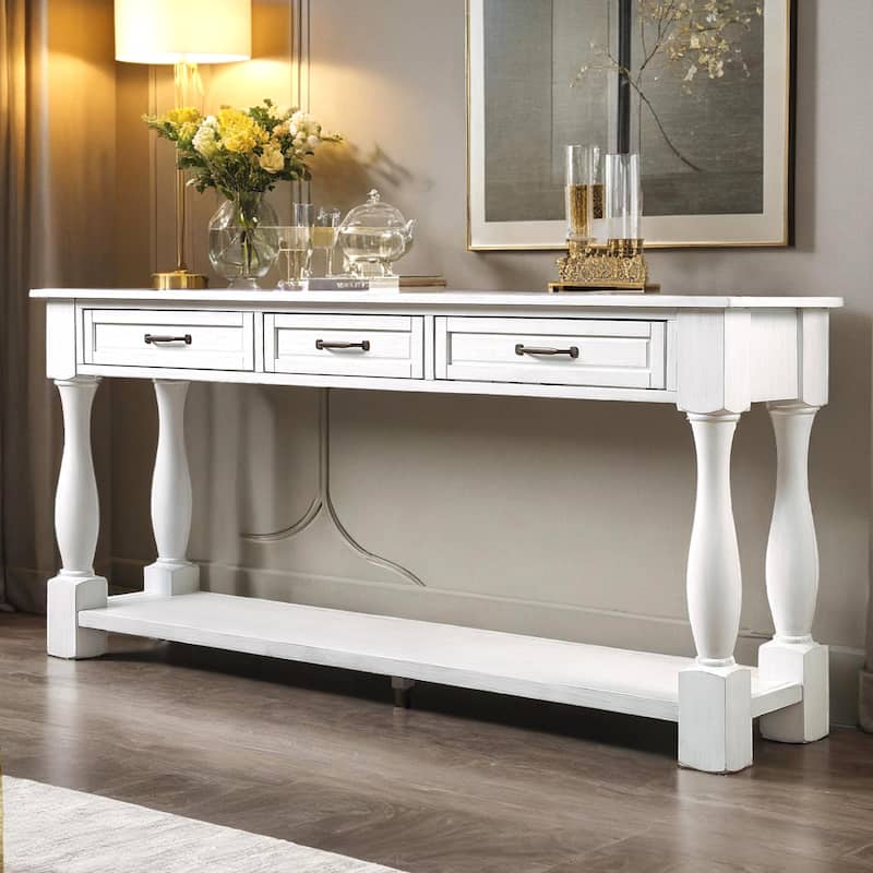 63inch Long Wood Console Table with 3 Drawers and 1 Bottom Shelf for Entryway Hallway Easy Assembly Extra-thick Sofa Table - Antique White
