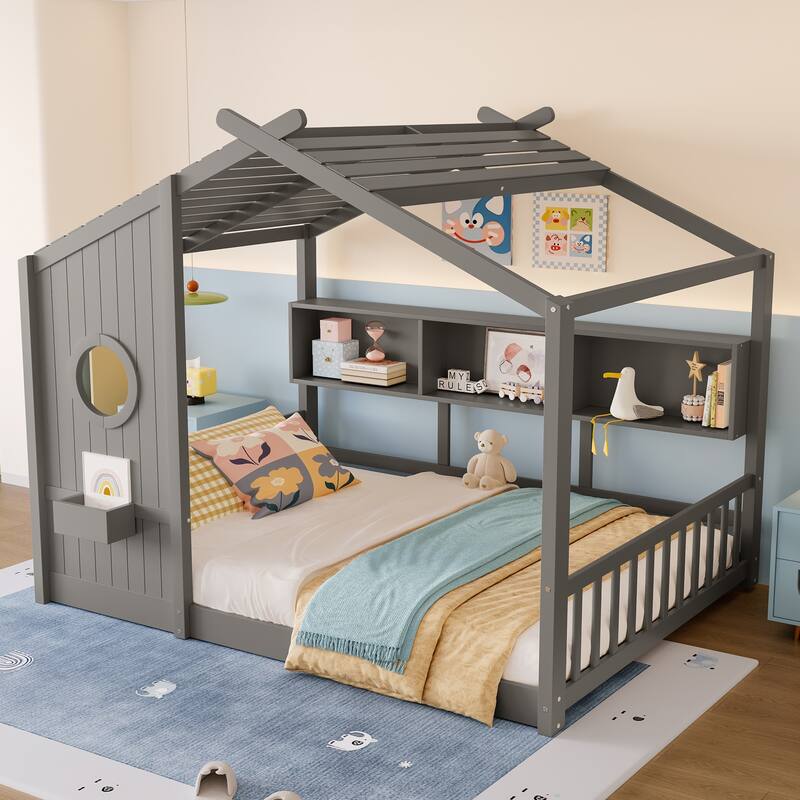House Bed Frame for Toddler Floor Bed, Kids Montessori Bed with Storage Shelf and Round Window, Playhouse Bed with Roof Design - Grey - Full