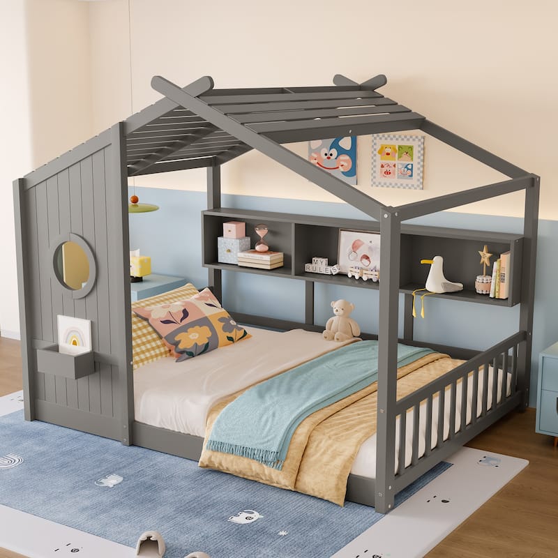 Roomfitters Full Size Floor House Bed with Storage Shelf and Roof Design, Montessori Playhouse Bed