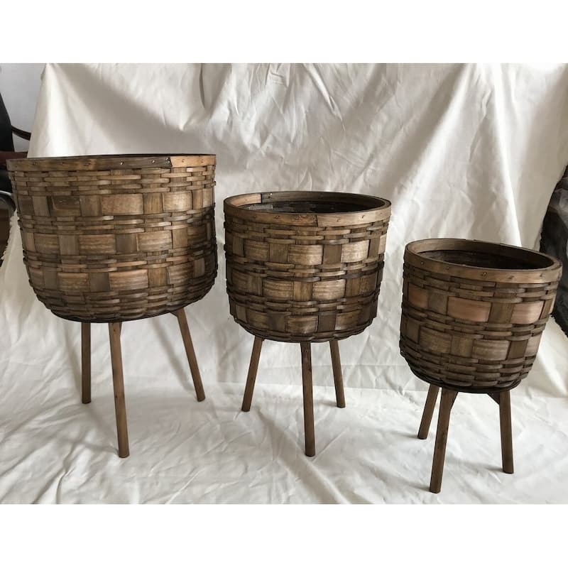 Set Of 3 Dark Brown Baskets On Wooden Legs Plant Stand