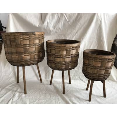 Set Of 3 Dark Brown Baskets On Wooden Legs Plant Stand