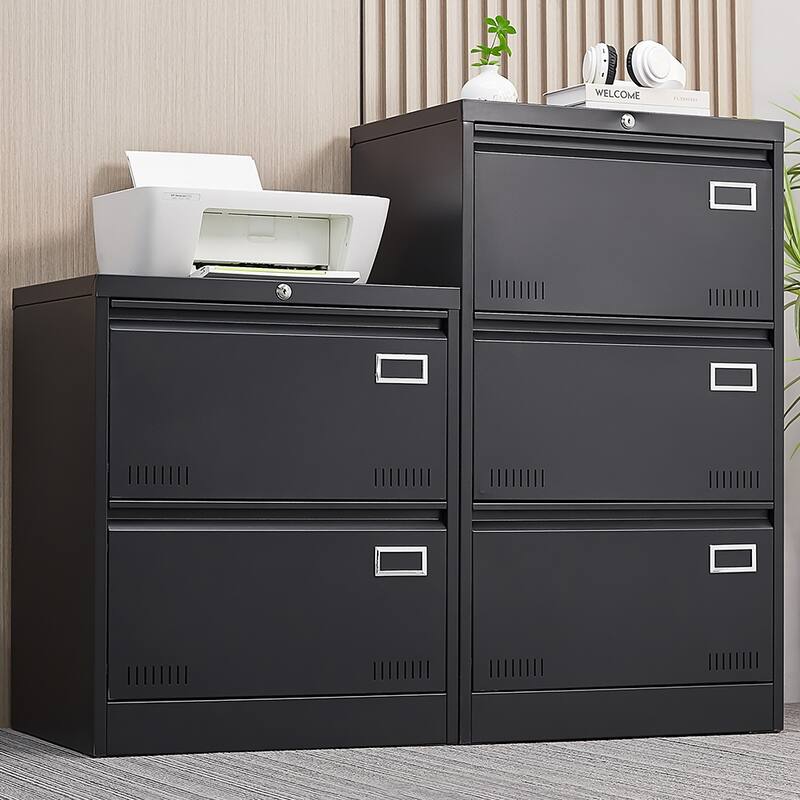 Anmytek Black File Cabinet Double Drawer Locking Office Storage Desk Organizer