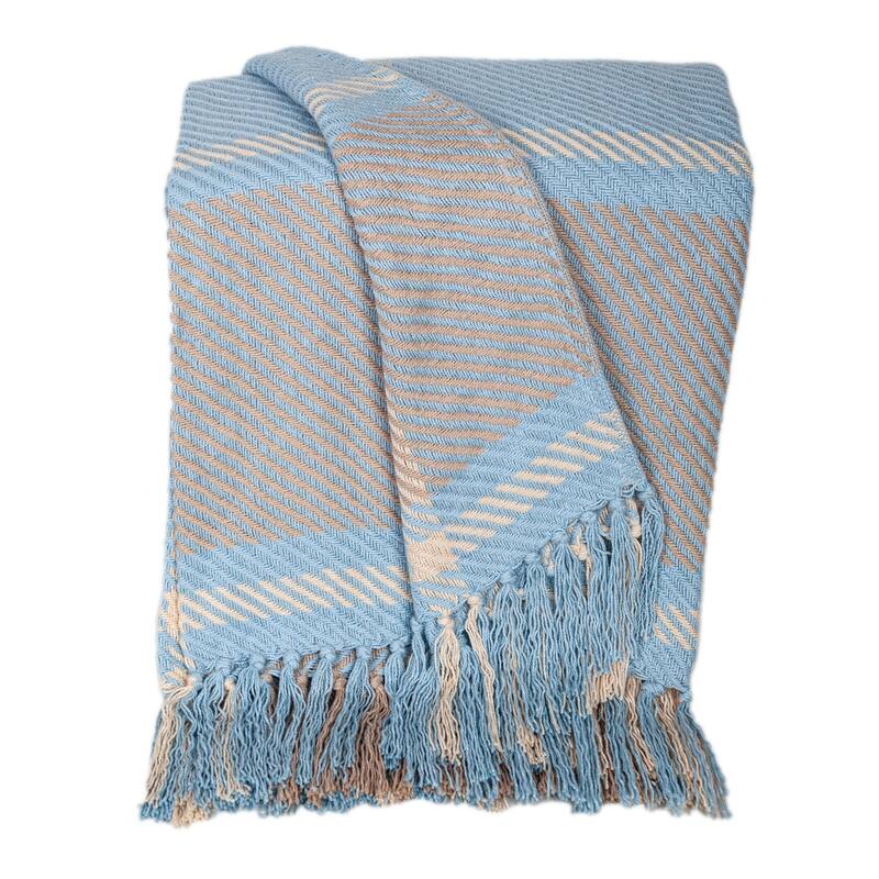 HomeRoots 50" X 60" Blue Gray and Beige Woven Cotton Plaid Throw Blanket with Fringe