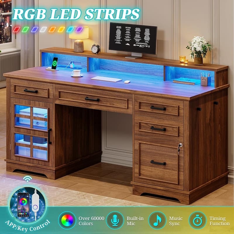 Executive Desk with Drawers Computer Desk File Drawers Power Outlet LED Lights Storage Cabinet