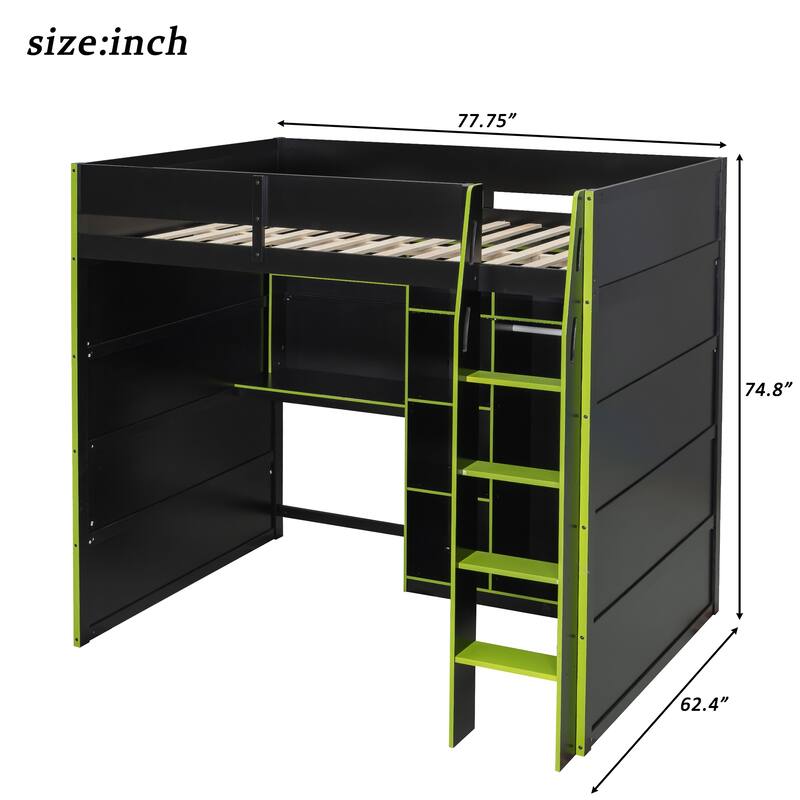 All-in-one Full Size Wood Loft Bed for Gaming & Workspace with Desk, Open Wardrobe, Storage Compartments and RGB Light Strip