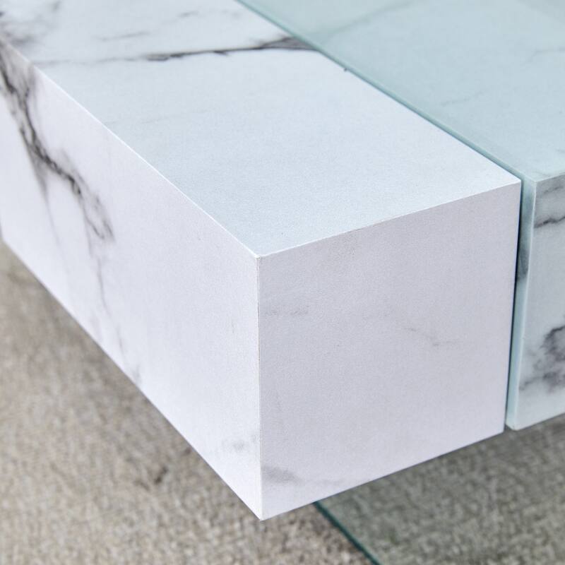 43.3 Inch Double Layer Coffee Table Storage Side Table with Open Storage Shelves, Drawers Glass Center Table End Table