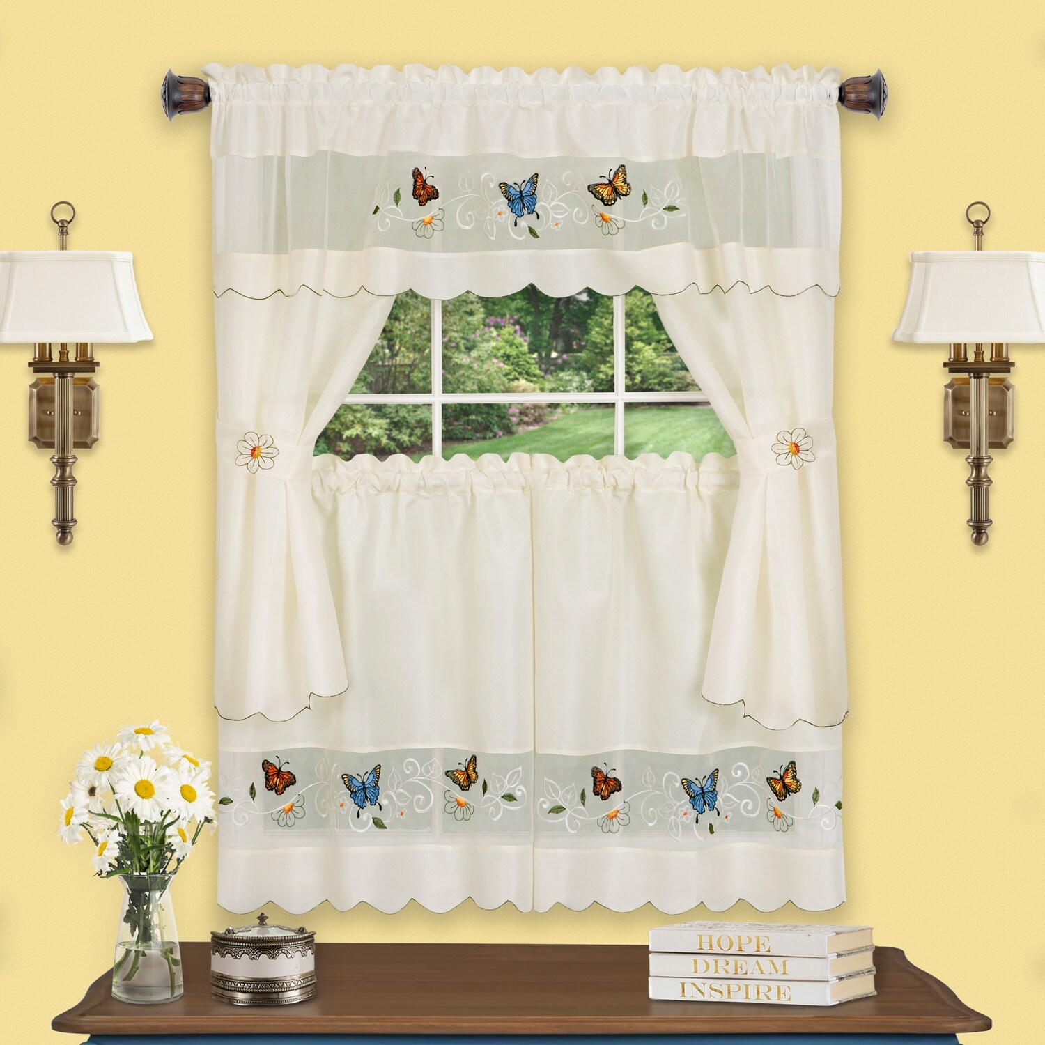 Daisy Dream Kitchen Cafe Curtain Set for Small Windows Grey, Swag and 24 inches Tiers Set Satin Fabric with Matching Color Daisy Embroidery and Lace. 