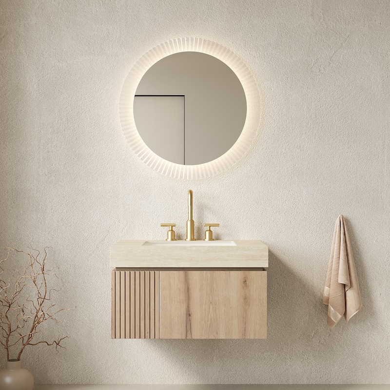 30" Floating Bathroom Vanity with Sintered Stone Top & Ceramic Basin, Plywood Cabinet with Drawer & Door - Beige+White Oak