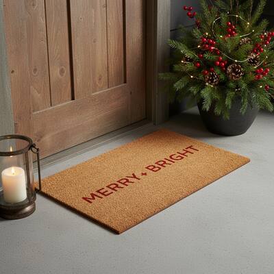 HomeRoots 24" X 36" Brown And Red Christmas Merry and Bright Outdoor Coir Door Mat - 24.00' X '36.00