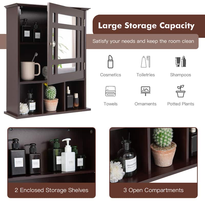Gymax Mirrored Medicine Cabinet Bathroom Wall Mounted Storage
