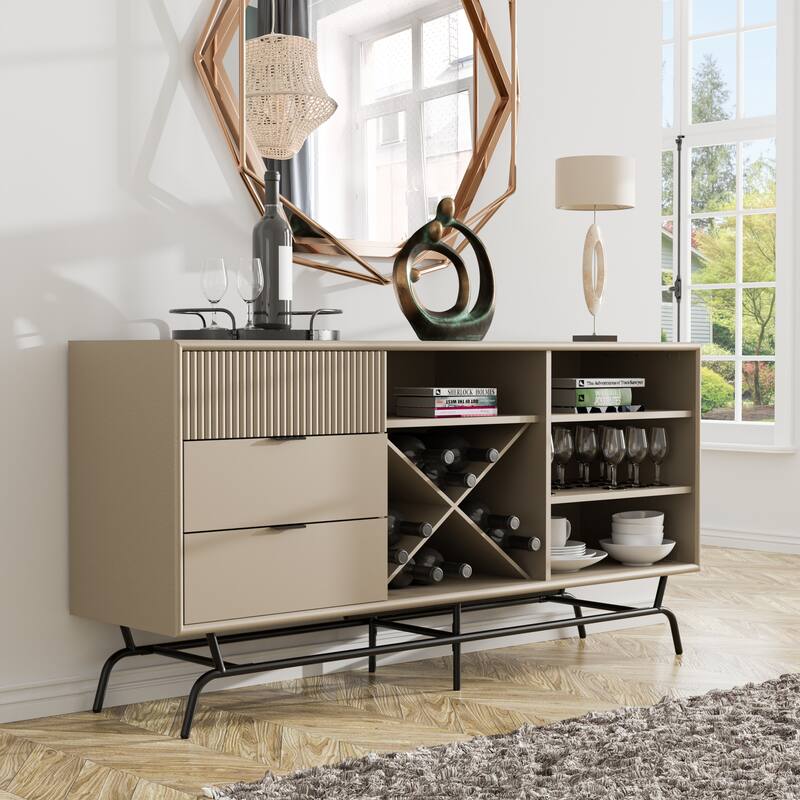 DH BASIC Modern Brown Retro 60-inch Dining Buffet and Sideboard with Wine Storage by Denhour - Light Taupe/Black