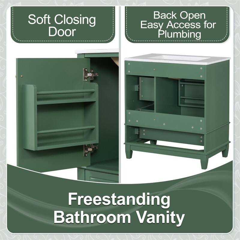 30" Bathroom Vanity with Ceramic Sink, Freestanding Bathroom Vanity Cabinet w/ 3 Storage Drawers, 1 Soft Close Door & Door Shelf