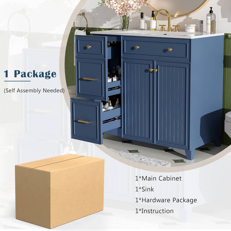 36" Bathroom Vanity with Ceramic Sink, Soft-Close Doors, Drawers, Adjustable Shelf, Modern Storage Cabinet
