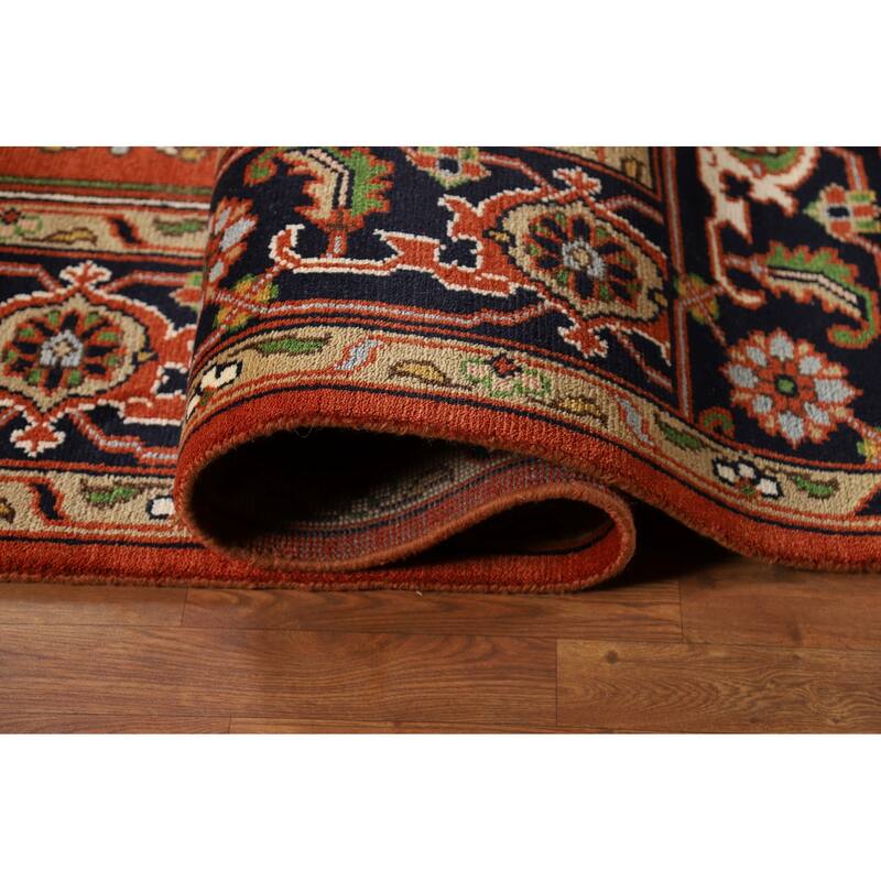 Medallion Heriz Serapi Indian Rug Hand-Knotted Orange Wool Carpet - 8'10"x 11'11"