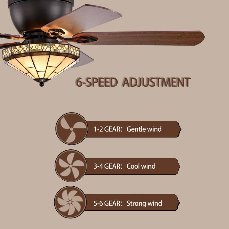 Margno 52-Inch Flushmount Lighted Ceiling Fan Jewel Cut Design Tiffany Glass Lamp Black Finish