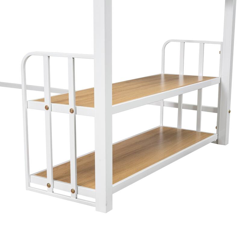 Heavy Duty Metal Bed Frame, Twin Size Loft Bed with Wood Desktop Desk, Storage Shelves and Charging Station for Bedroom