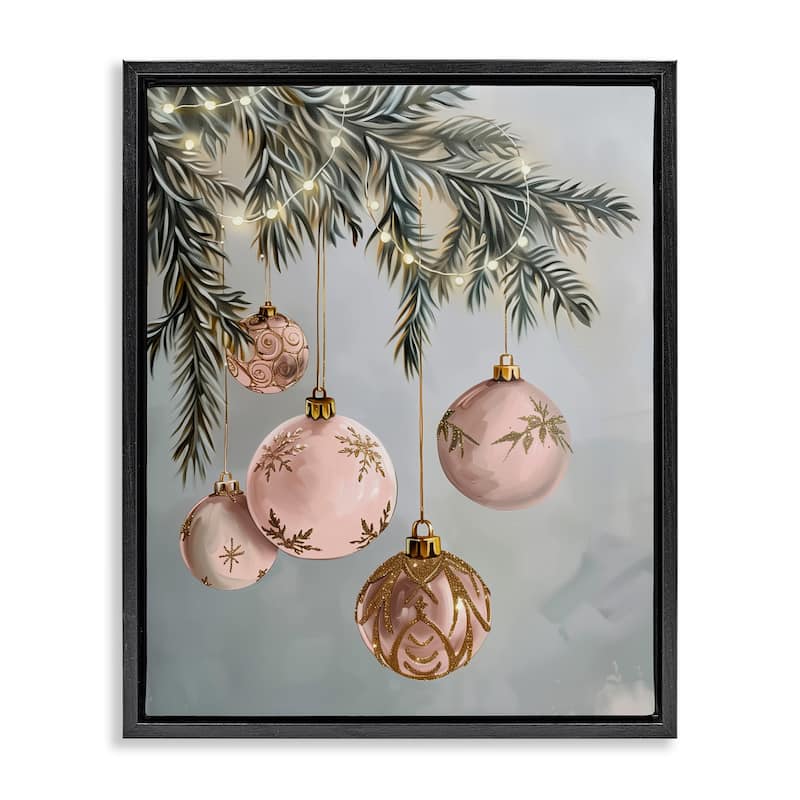 Stupell Pink Hanging Christmas Ornaments Framed Floater Canvas Wall Art Design By Arlington Prints - 17 x 21 - Black
