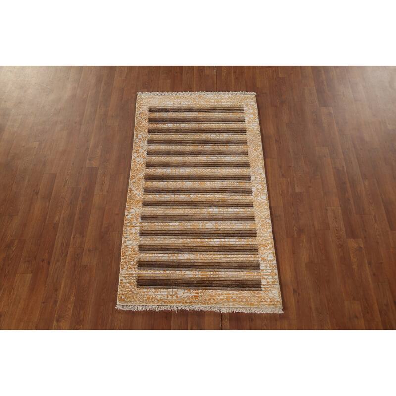 Striped Abstract Oriental Accent Rug Handmade Modern Wool Carpet - 2'9"x 4'11"