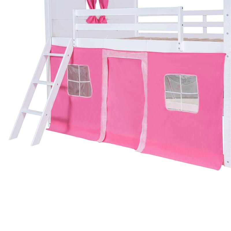 Full Size Bunk Wood House Bed with Elegant Windows,Sills and Tent