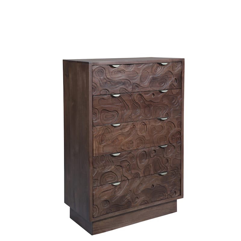 Solid Wood Carved Bedroom Chest with 5 Drawers - Dark Brown