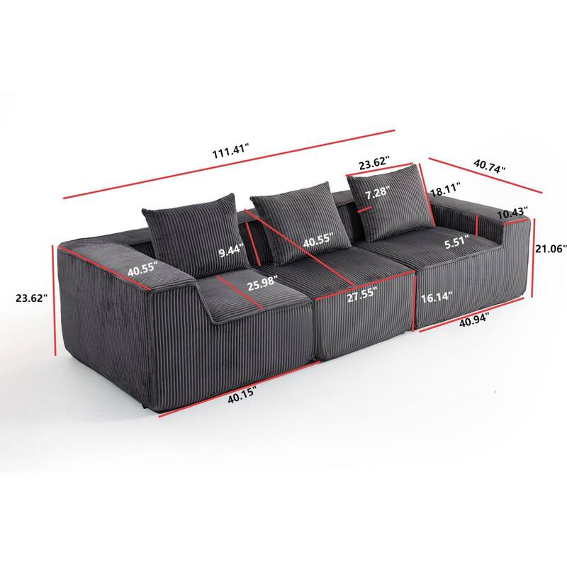 Modular Sectional Sofa with Pillows, Corduroy Upholstered 3-Seater Sofa, All-Compressed Foam Sofa for Living Room, Apartment