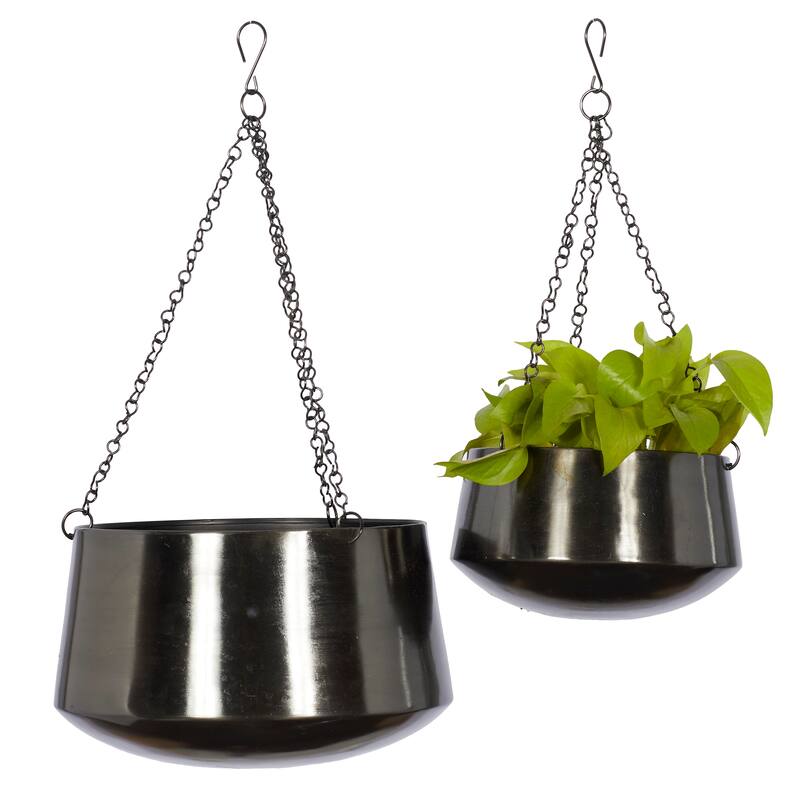 Black, Gold or Silver Metal Indoor Outdoor Hanging Dome Wall Planter with Chain (Set of 2)
