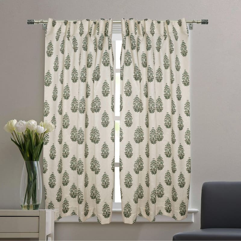 Fabdivine Block Print Curtain or Drape Decorative Home Accent Bed or Living Room - Hibiscus- Grey - 54" X 108"