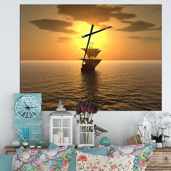 slide 2 of 9, Designart 'Ship and Sunset' Oversized Coastal Wall CLock