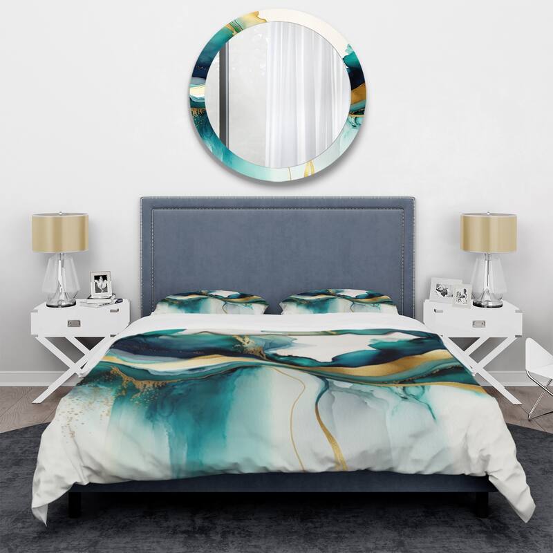 Designart "Teal And Gold Abstract Expression I" Turquoise Modern - Bedding Cover Set With Shams