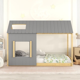 Twin Size House Platform Bed with Roof and Window