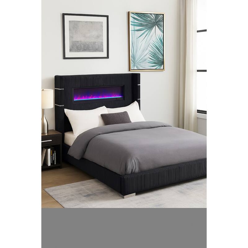 Caro California King Bed, Wingback Panel w LED Flame, Black Upholstery
