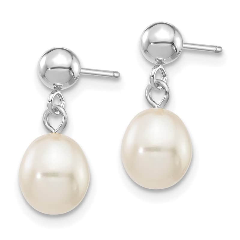 Curata 10k White Gold 6-7mm White Rice Freshwater Cultured Pearl Dangle Post Earrings