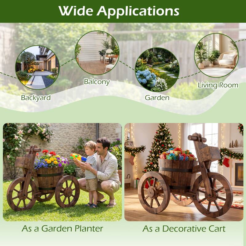 Gymax 2PCS Rustic Wood Tricycle Planter w/Barrel Pot & Storage Box for