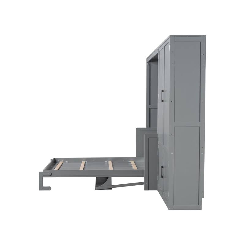Queen Size Wall Bed with Closet and Hydraulic Lift System, Space-Saving Design, Gray