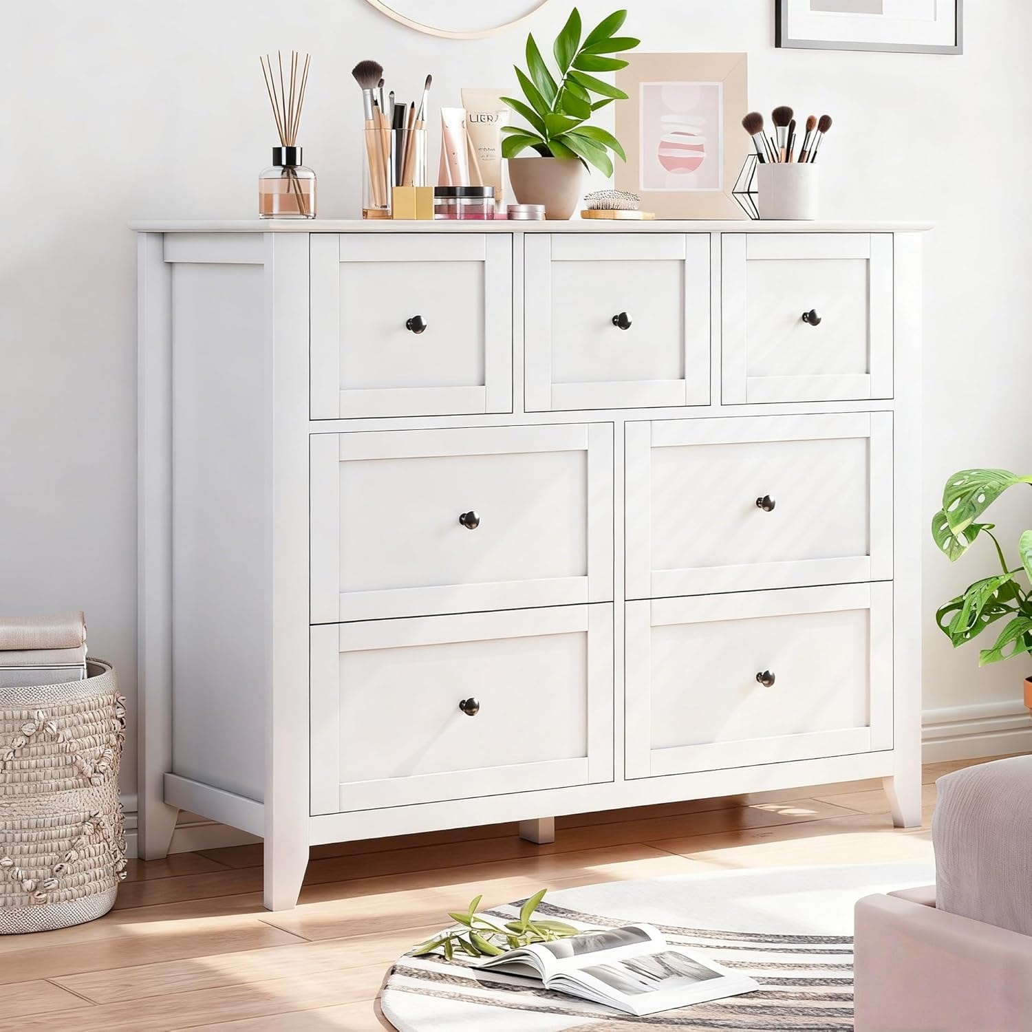 Farmhouse 7-Drawer Dresser with Metal Handles, Spacious Wooden Storage Chest for Bedroom, White