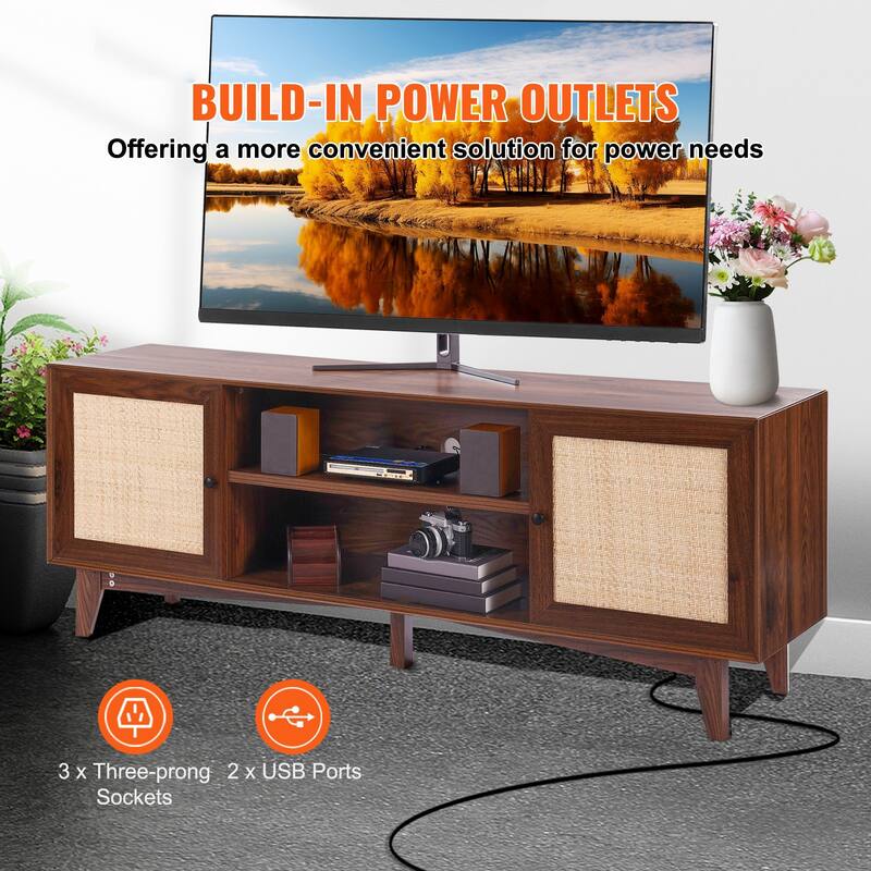 Rattan TV Stand for 75 Inch TV Mid Century Modern Cabinet with Storage - 17.4x17.4x13.8in - Walnut