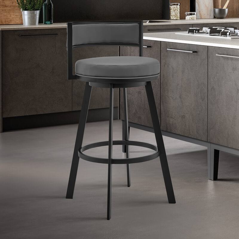 Roman Grey Faux Leather and Metal Swivel 26" Counter Stool - Grey and Black - Counter Height