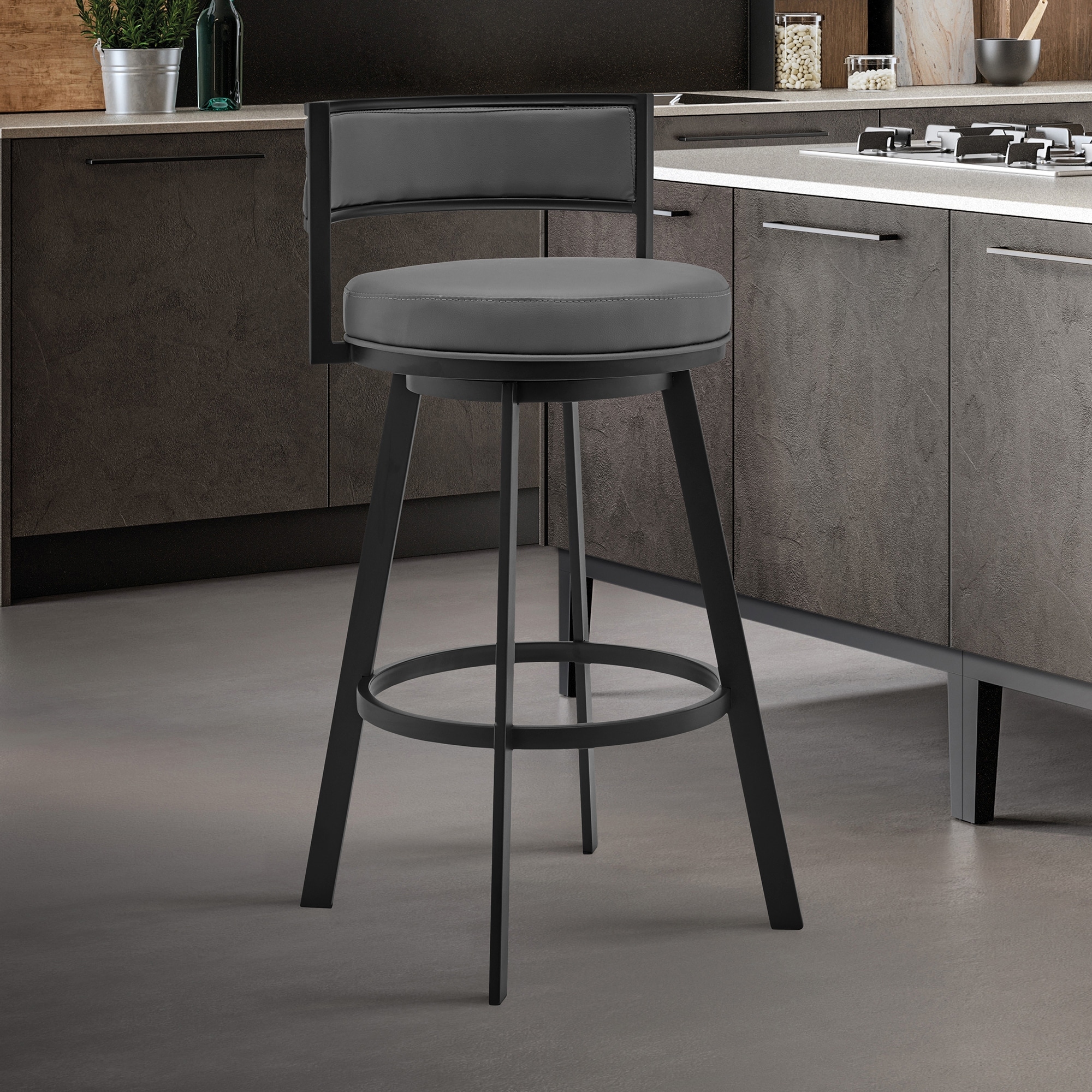 Roman Grey Faux Leather and Metal Swivel 26" Counter Stool