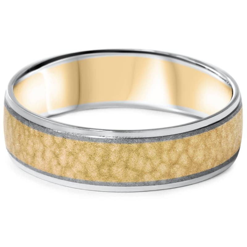Mens Gold 2 Tone Hammered Comfort Fit Wedding Band