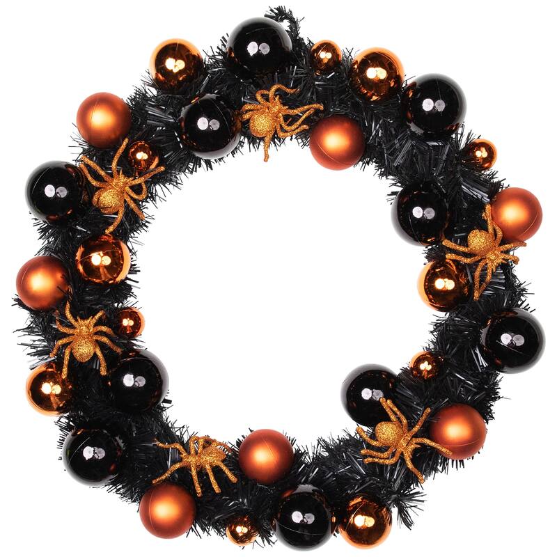 Spiders and Ornaments Halloween Wreath - 18" - Orange and Black - Unlit
