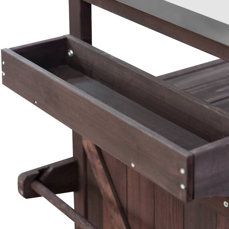 Stainless Steel Top Kitchen Island on Wheels, Outdoor Kitchen Cart, Dark Brown Solid Wood Storage Cabinet with Removable Shelfs