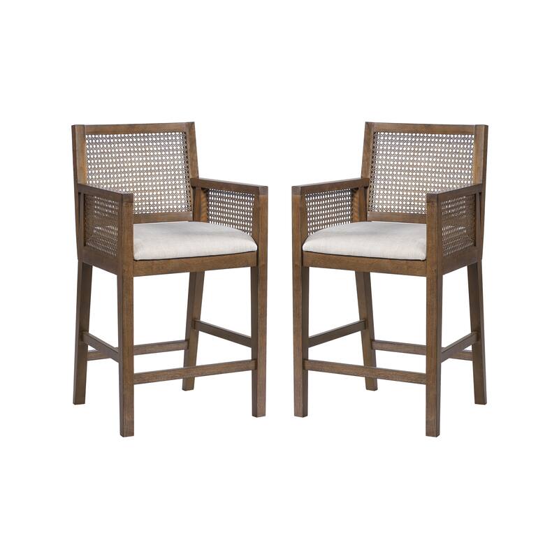 Christopher Knight Home - French Country Wood & Rattan Counter Stools with Upholstered Seat and Arms - Set of 2