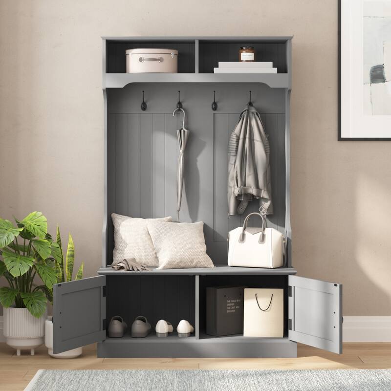 Hall Tree with Storage Bench, Upper Cubbies and 4 Double Coat Hooks - 18.5"D x 39.25"W x 65"H