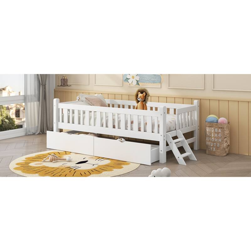 Roomfitters Twin Wood Platform Bed with Guardrail and 2 Storage Drawers