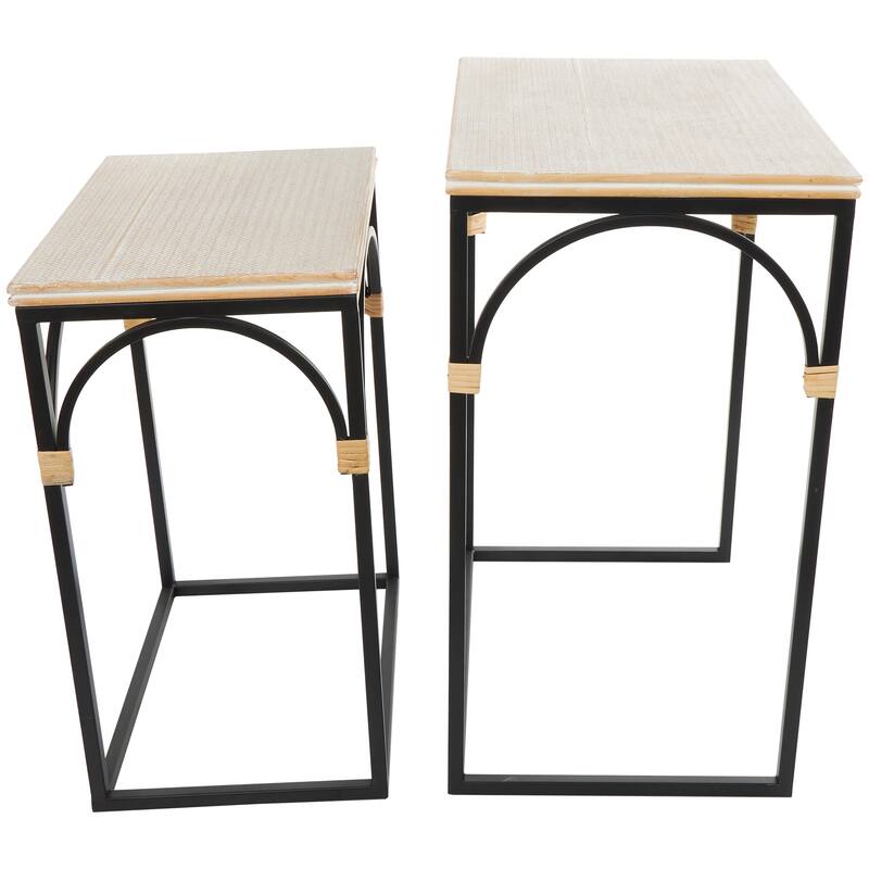 Black Metal Arched Accent Table with Wood Zig Zag Patterned Top and Rattan Accents (Set of 2)