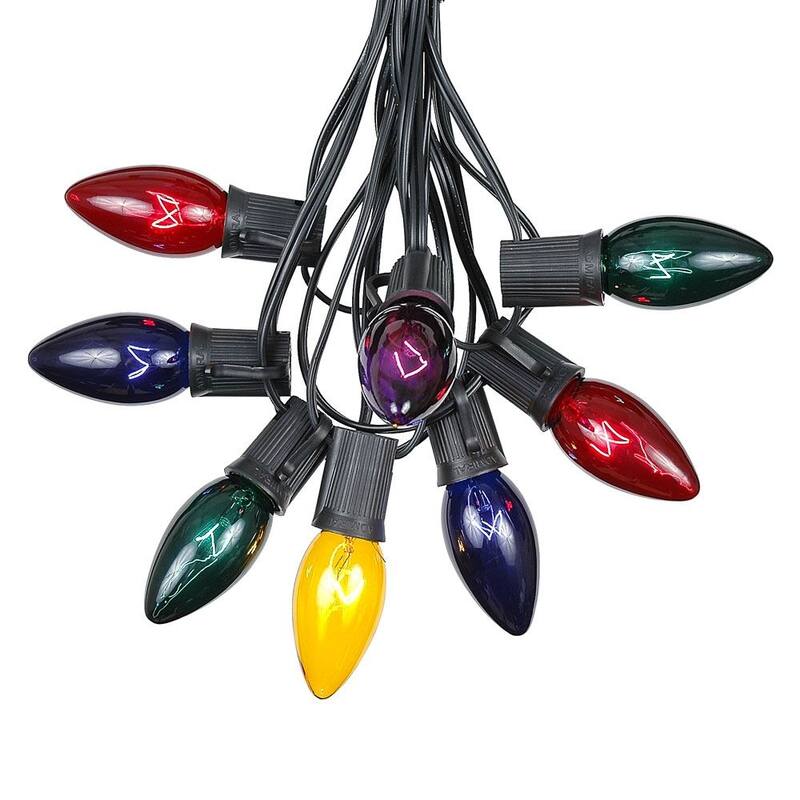25 Foot C9 Christmas Light Set, Hanging Patio String Lights, Black Wire - Multi