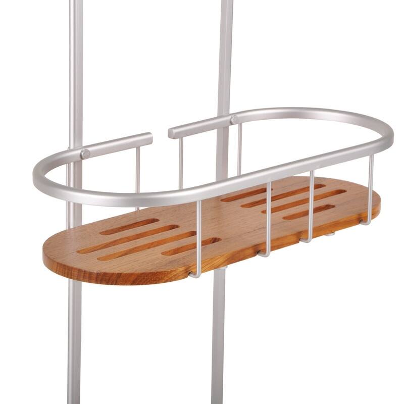 Utopia Alley Tia Rustproof Teak Overhead Shower Caddy with 3 Shelves, Hanging Shower Head Organizer, Black & Chrome Finish